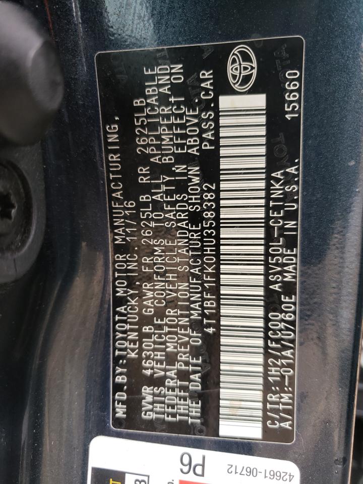 4T1BF1FK0HU358382 TOYOTA CAMRY 2017