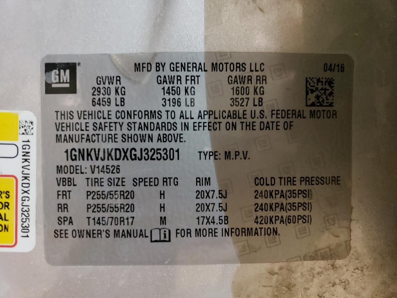 1GNKVJKDXGJ325301 CHEVROLET TRAVERSE 2016