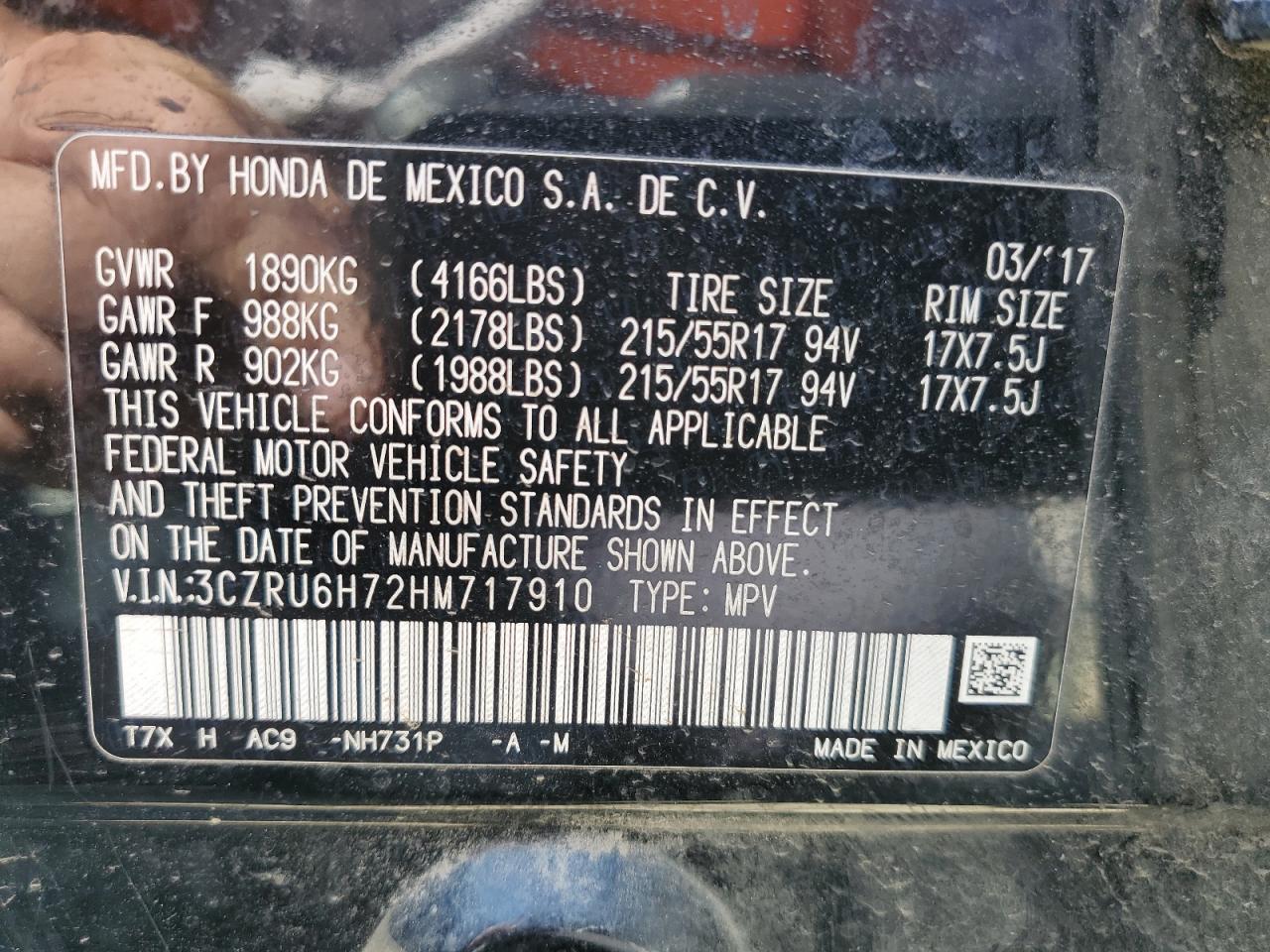 3CZRU6H72HM717910 HONDA HR-V 2017