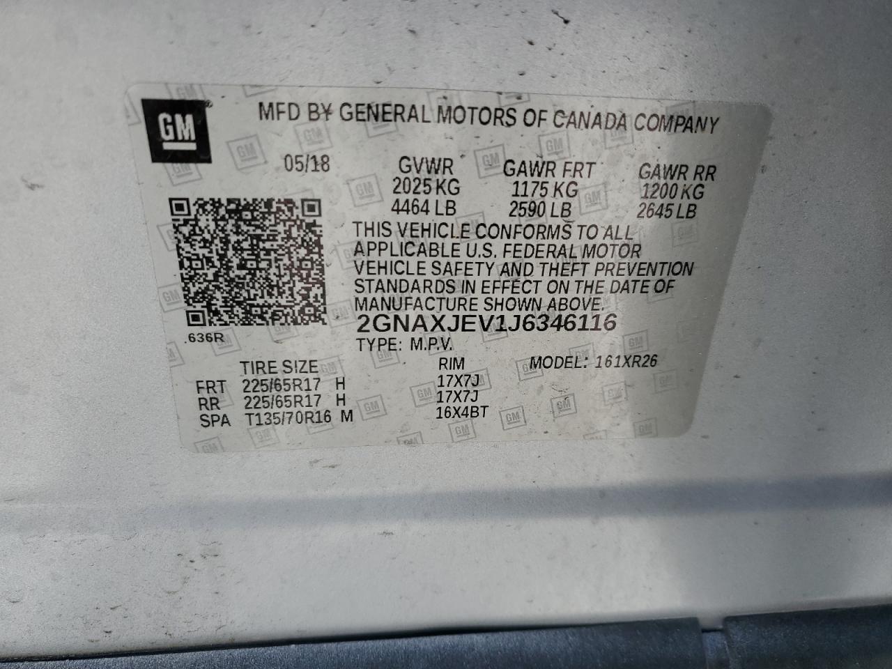 2GNAXJEV1J6346116 CHEVROLET EQUINOX 2018