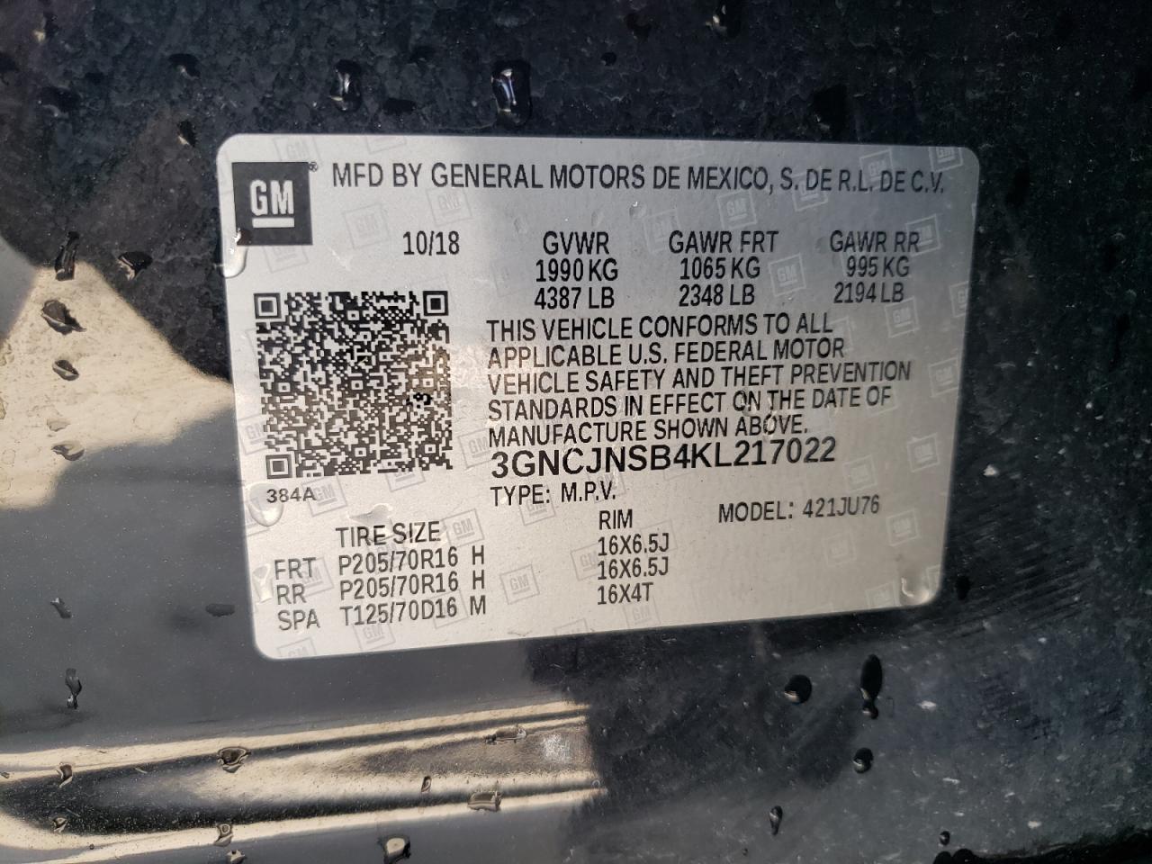 3GNCJNSB4KL217022 CHEVROLET TRAX 2019