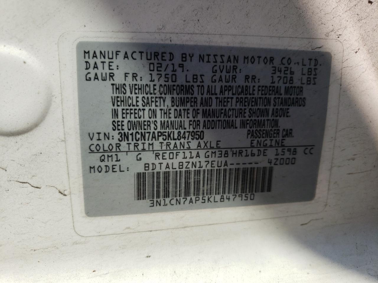 3N1CN7AP5KL847950 NISSAN VERSA 2019