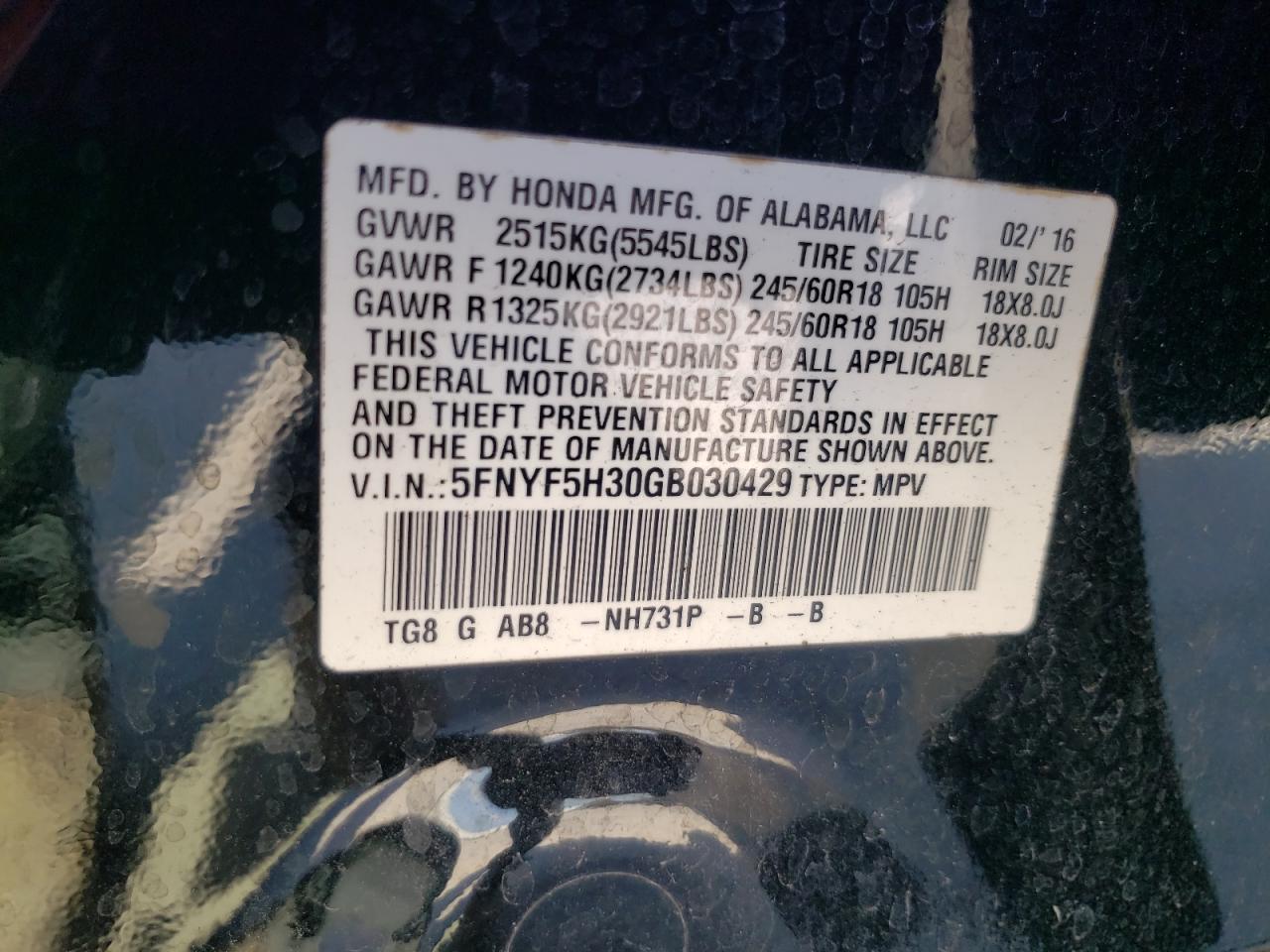 5FNYF5H30GB030429 HONDA PILOT 2016