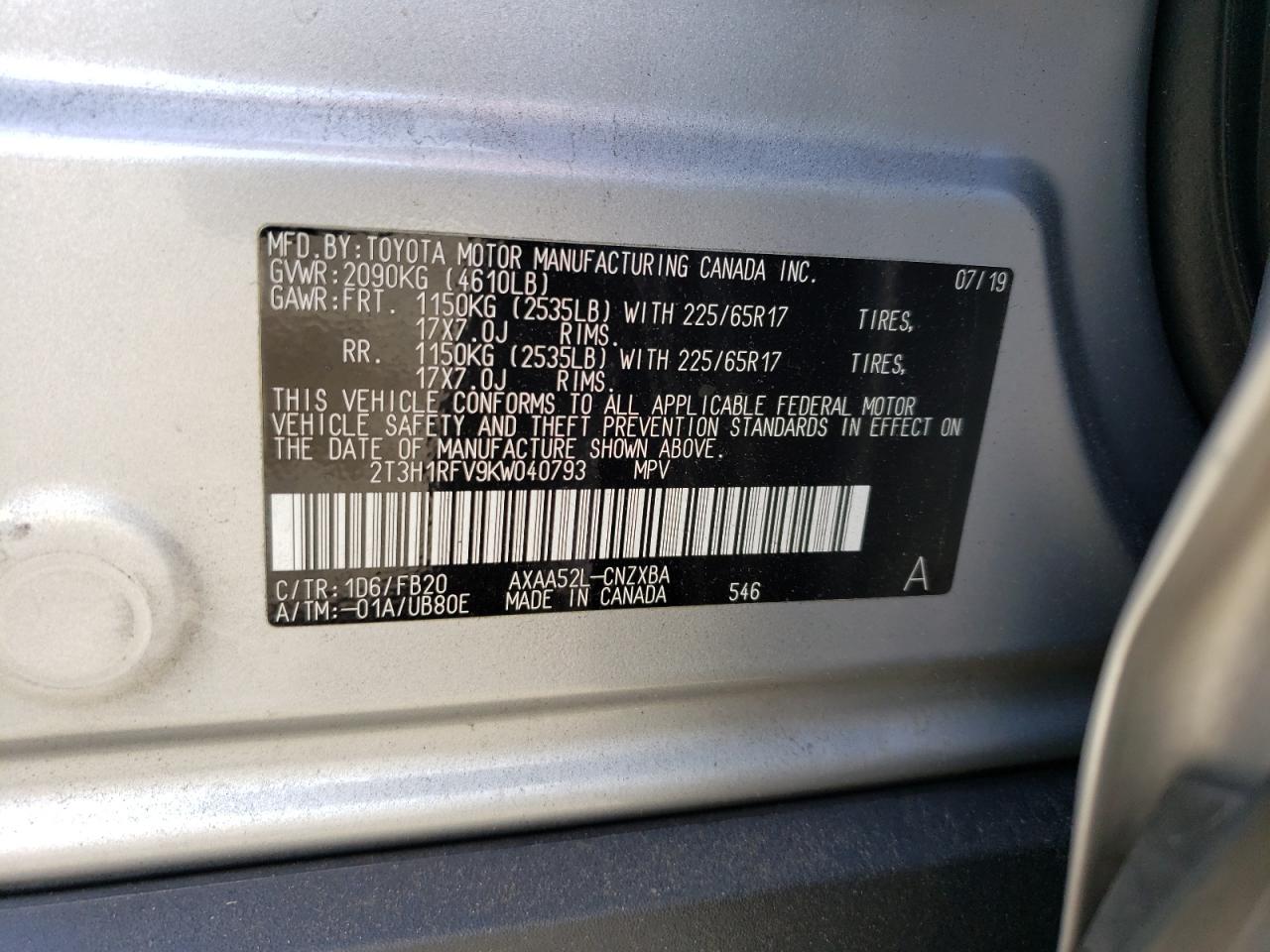 2T3H1RFV9KW040793 TOYOTA RAV4 2019