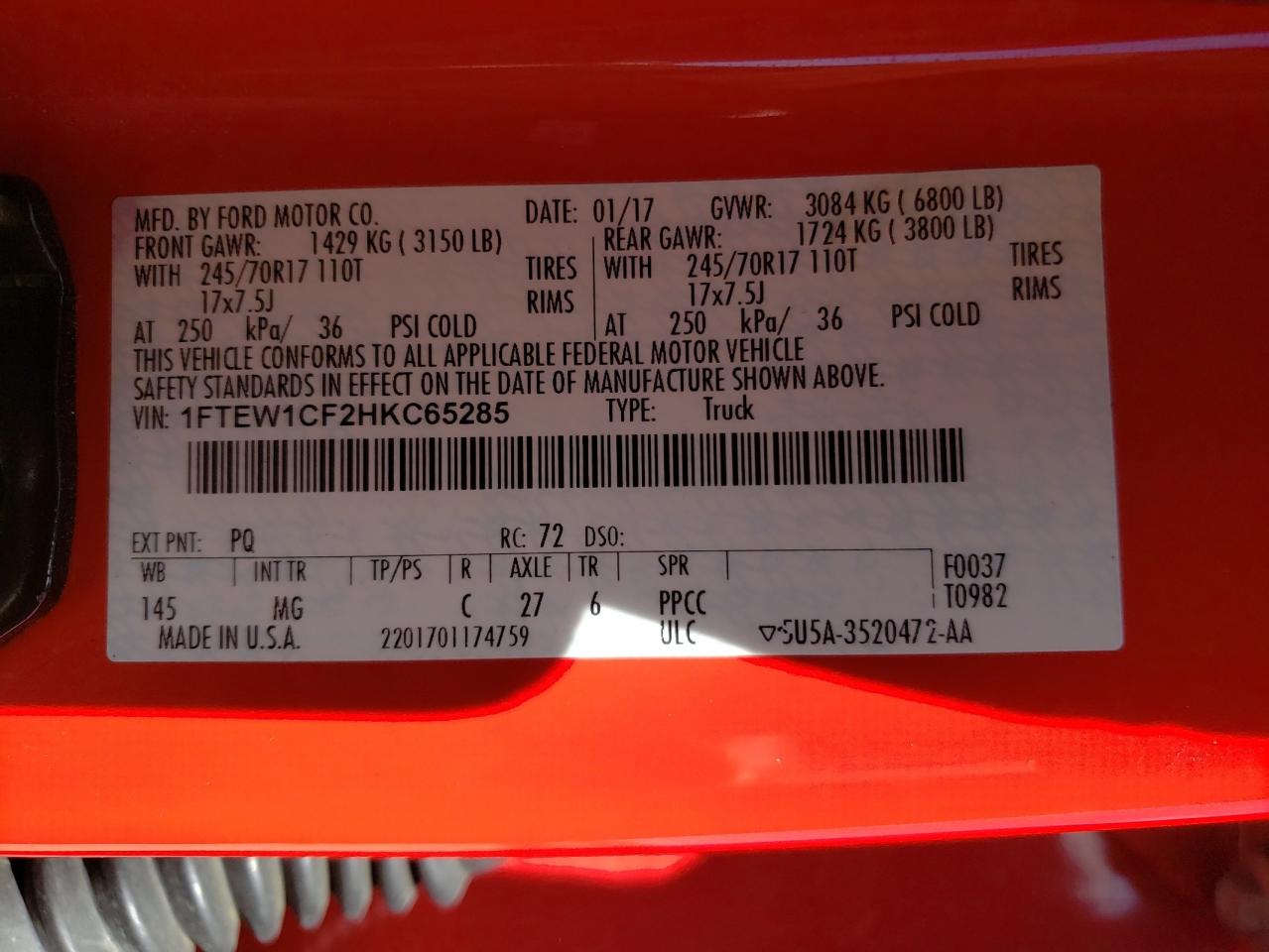 1FTEW1CF2HKC65285 FORD F-150 2017