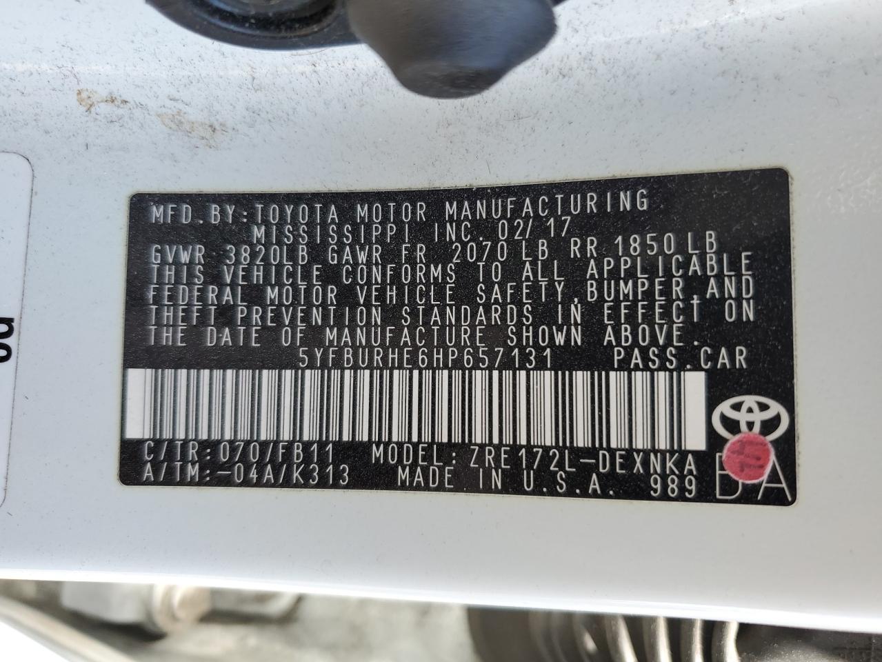 5YFBURHE6HP657131 TOYOTA COROLLA 2017