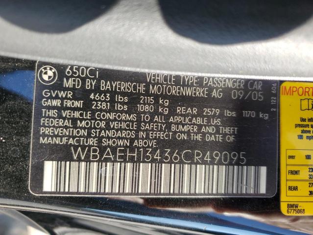 VIN: WBAEH13436CR49095 Auction: COPART Lot: 53449333 Location: TN - NASHVILLE WBAEH13436CR49095 BMW 6 SERIES 2006 BLACK Photo 13