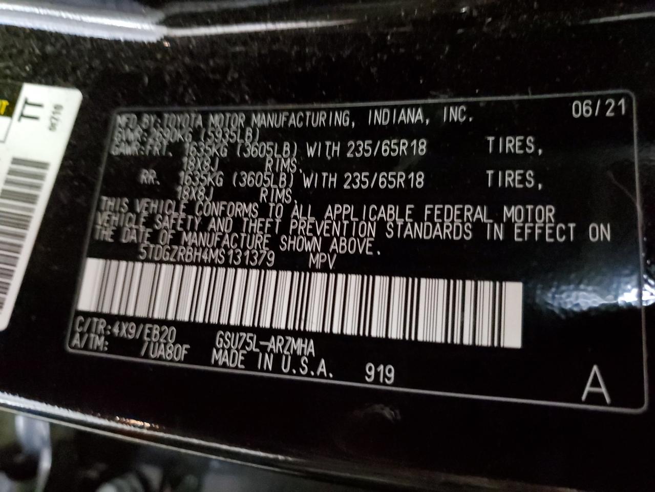 5TDGZRBH4MS131379 TOYOTA HIGHLANDER 2021