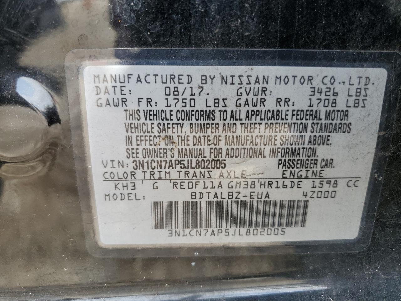 3N1CN7AP5JL802005 NISSAN VERSA 2018