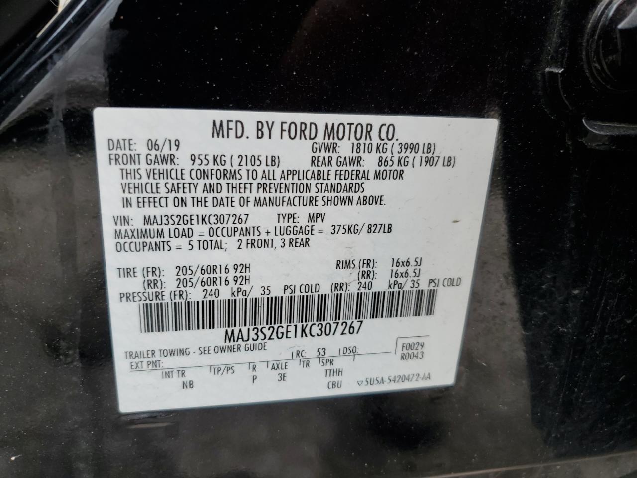 MAJ3S2GE1KC307267 FORD ECOSPORT 2019