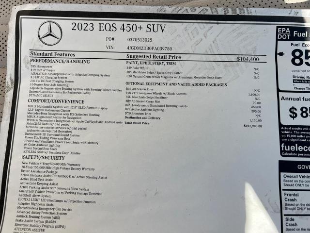 2023 MERCEDES-BENZ EQS SUV 45 - 4JGDM2DB0PA009780