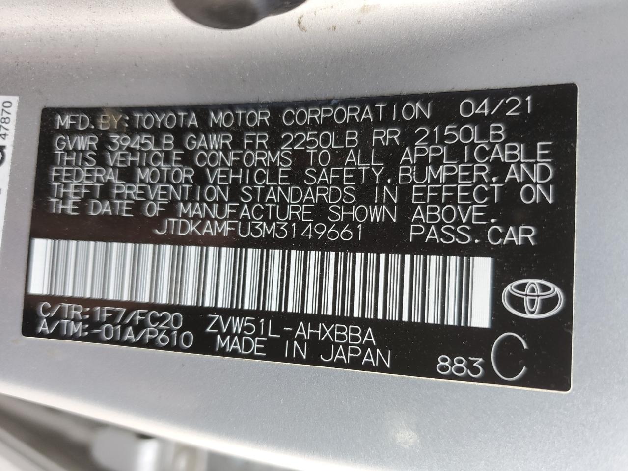JTDKAMFU3M3149661 TOYOTA PRIUS 2021