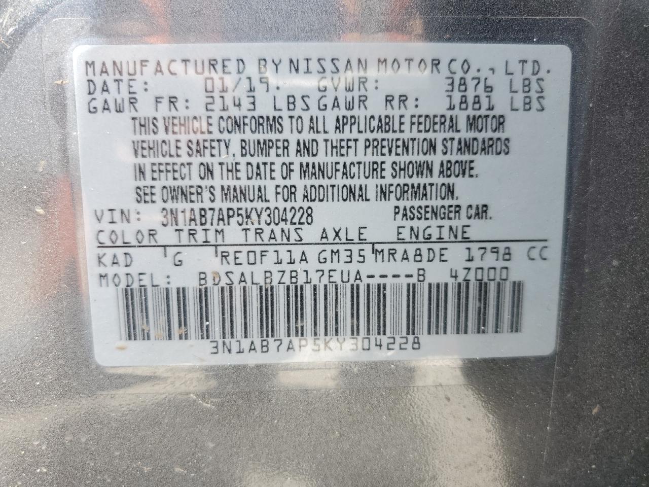 3N1AB7AP5KY304228 NISSAN SENTRA 2019