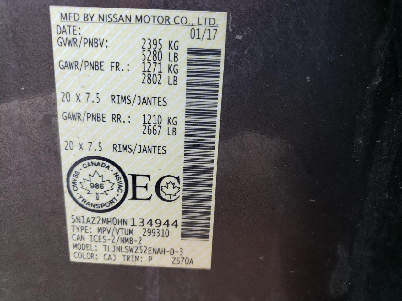 5N1AZ2MH0HN134944 NISSAN MURANO 2017