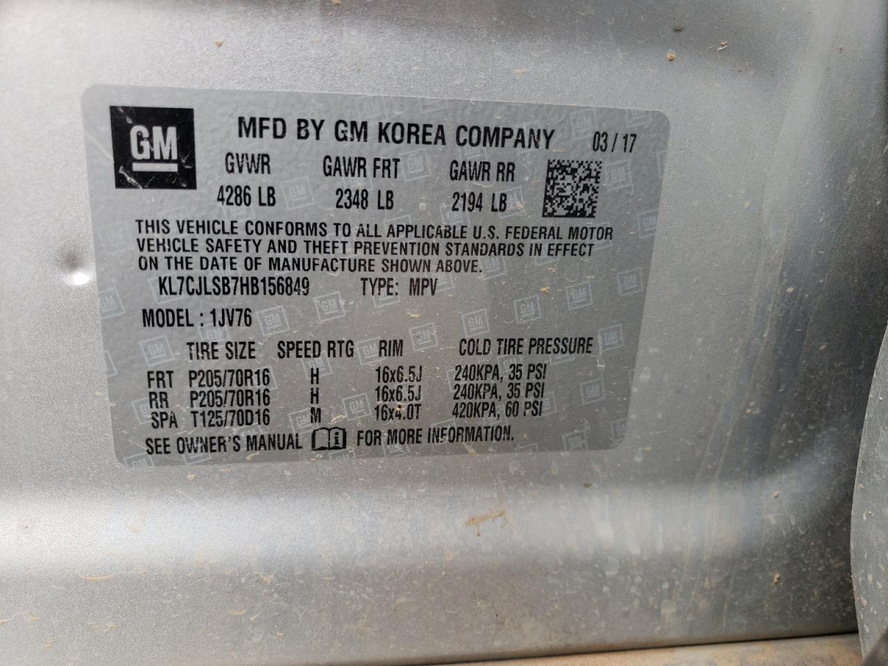 KL7CJLSB7HB156849 CHEVROLET TRAX 2017