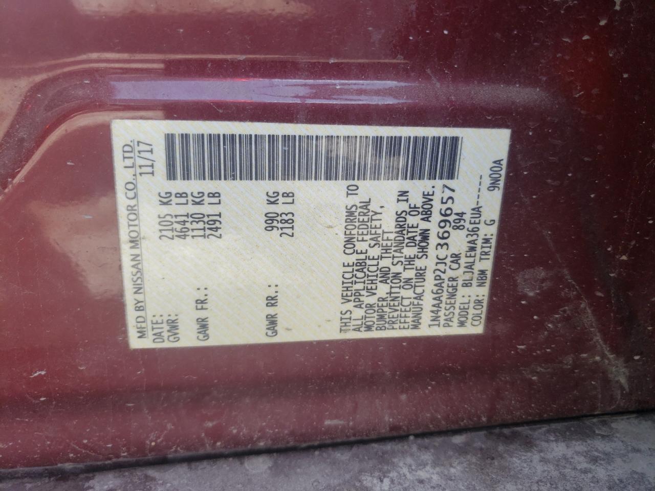 1N4AA6AP2JC369657 NISSAN MAXIMA 2018