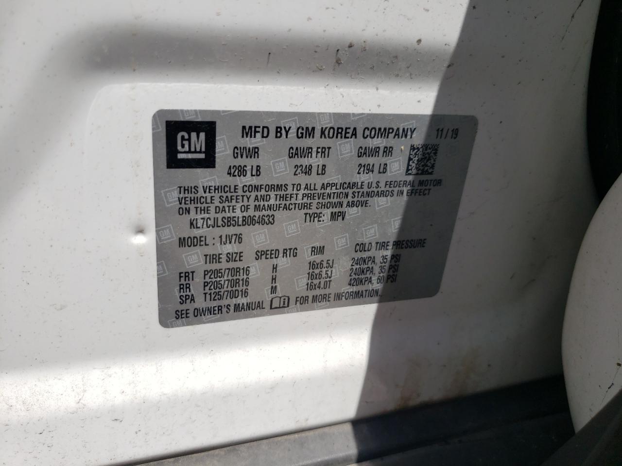 KL7CJLSB5LB064633 CHEVROLET TRAX 2020