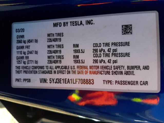 5YJ3E1EA1LF708883 | 2020 TESLA MODEL 3