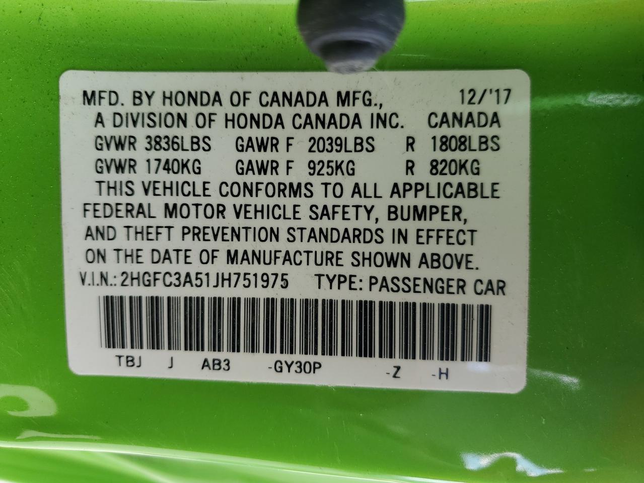 2HGFC3A51JH751975 HONDA CIVIC 2018