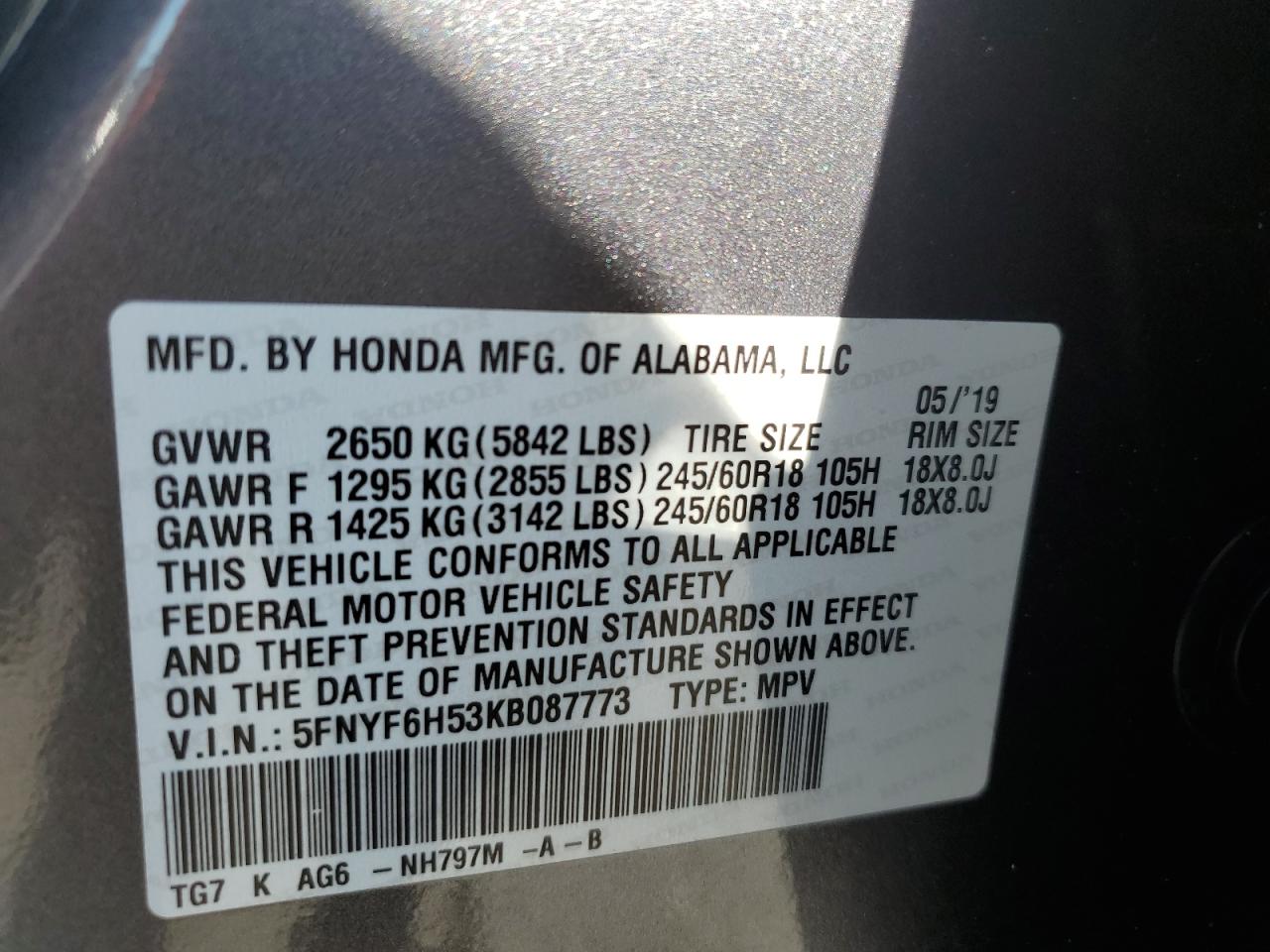 5FNYF6H53KB087773 HONDA PILOT 2019