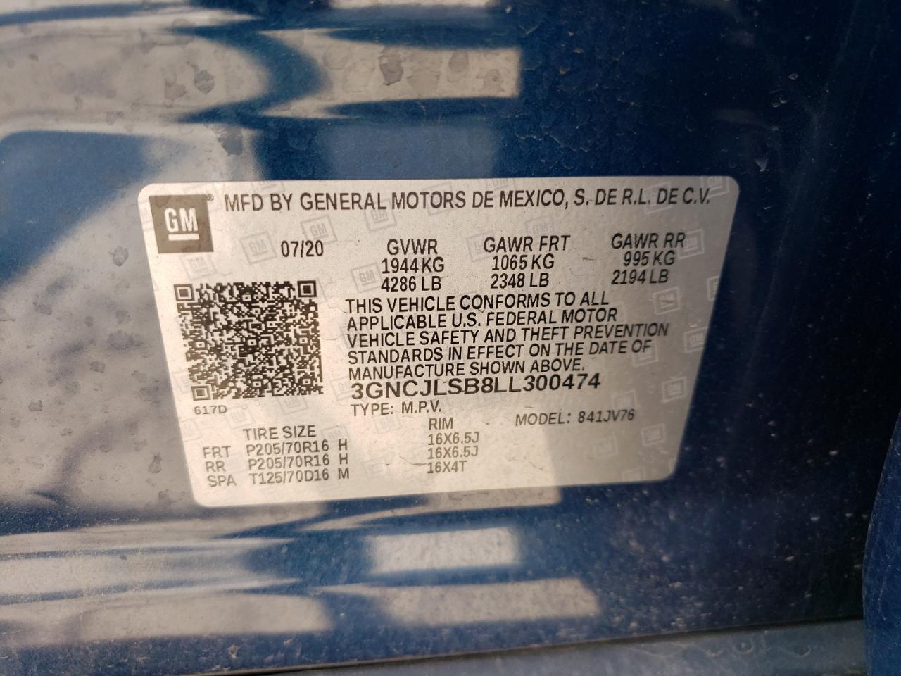 3GNCJLSB8LL300474 CHEVROLET TRAX 2020