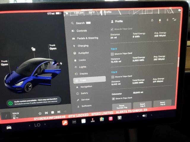 5YJ3E1EA1NF289646 | 2022 TESLA MODEL 3