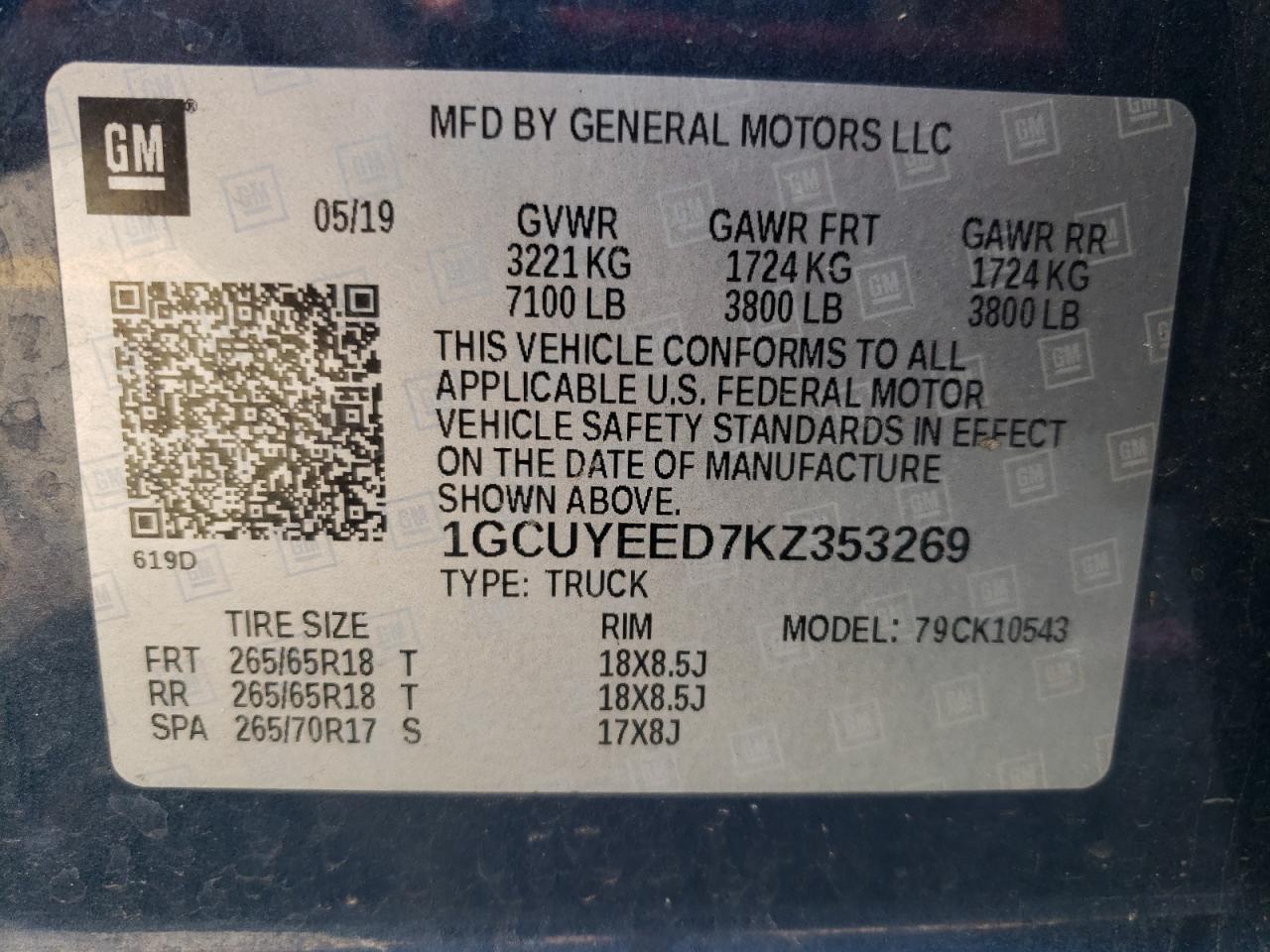 1GCUYEED7KZ353269 CHEVROLET ALL Models 2019