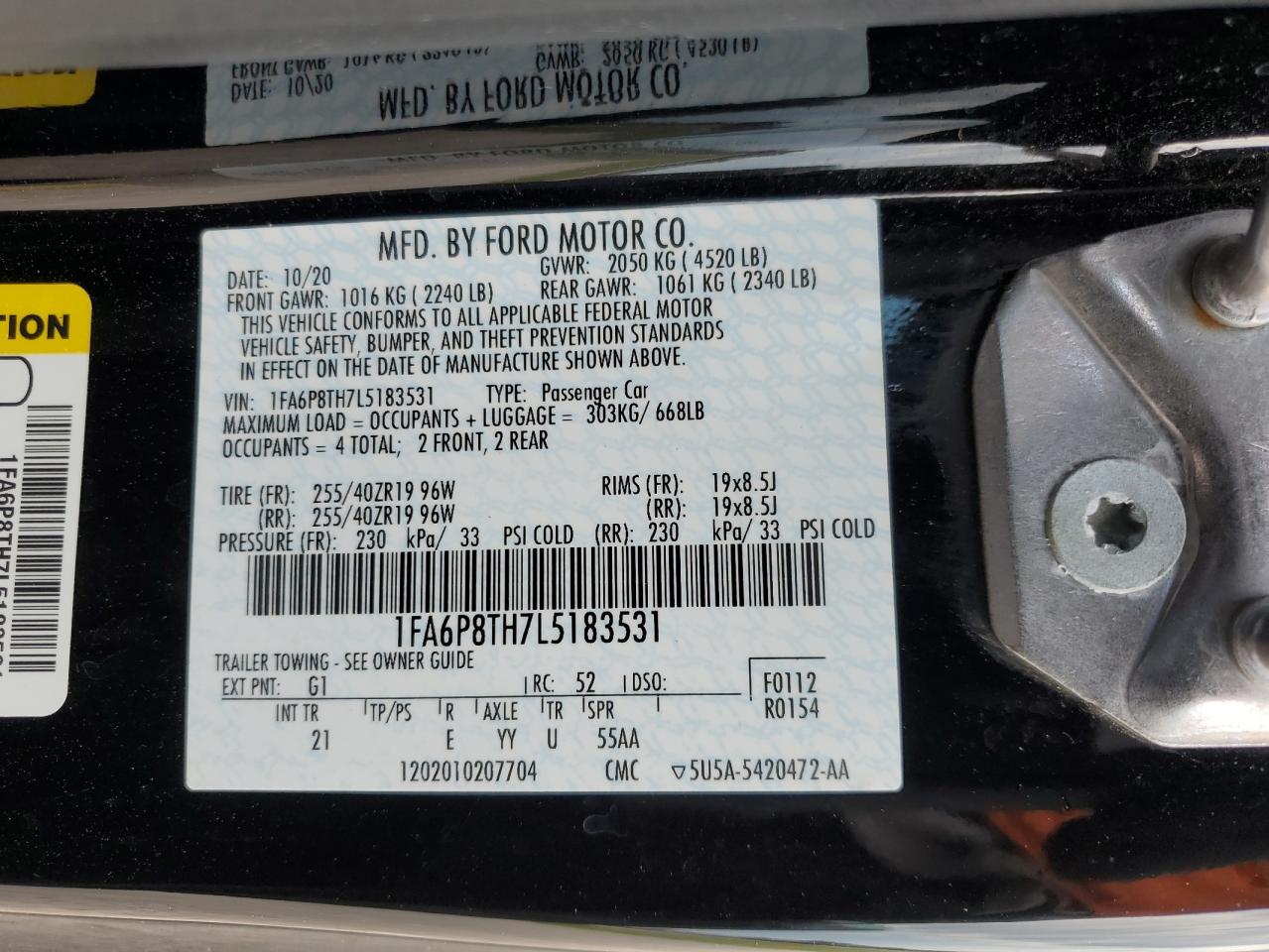VIN: 1FA6P8TH7L5183531 2020 FORD ALL Models