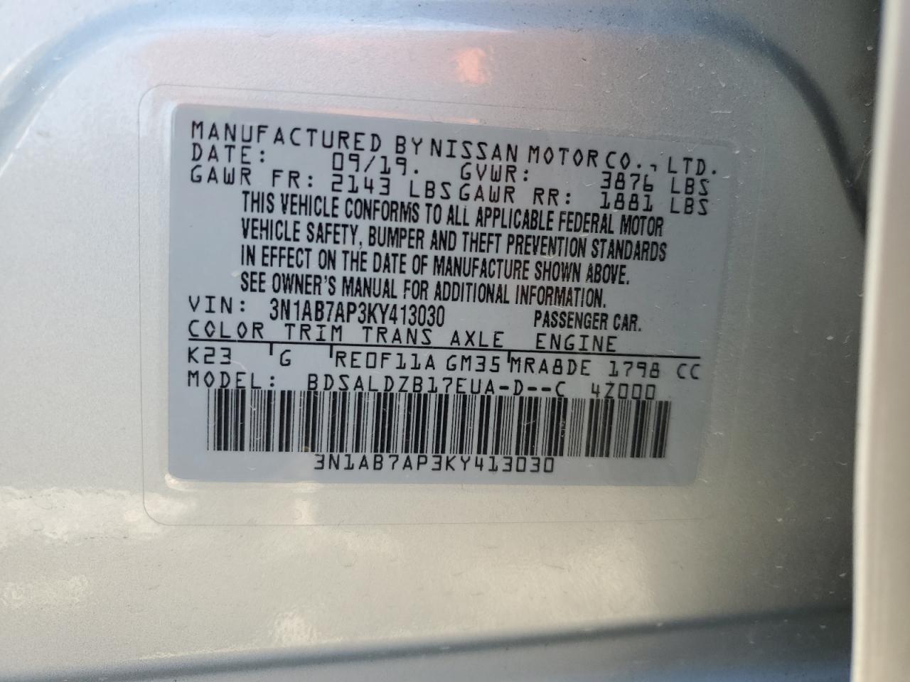 3N1AB7AP3KY413030 NISSAN SENTRA 2019