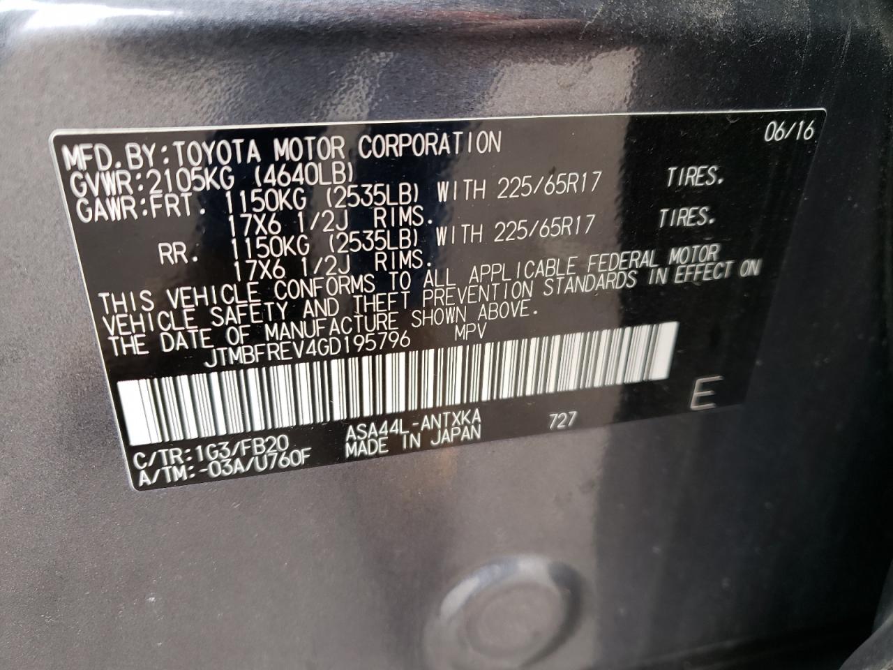 JTMBFREV4GD195796 TOYOTA RAV4 2016