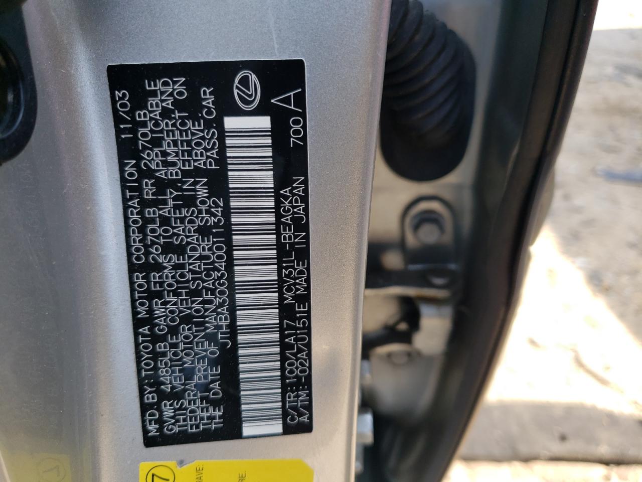 JTHBA30G340011342 2004 Lexus Es 330