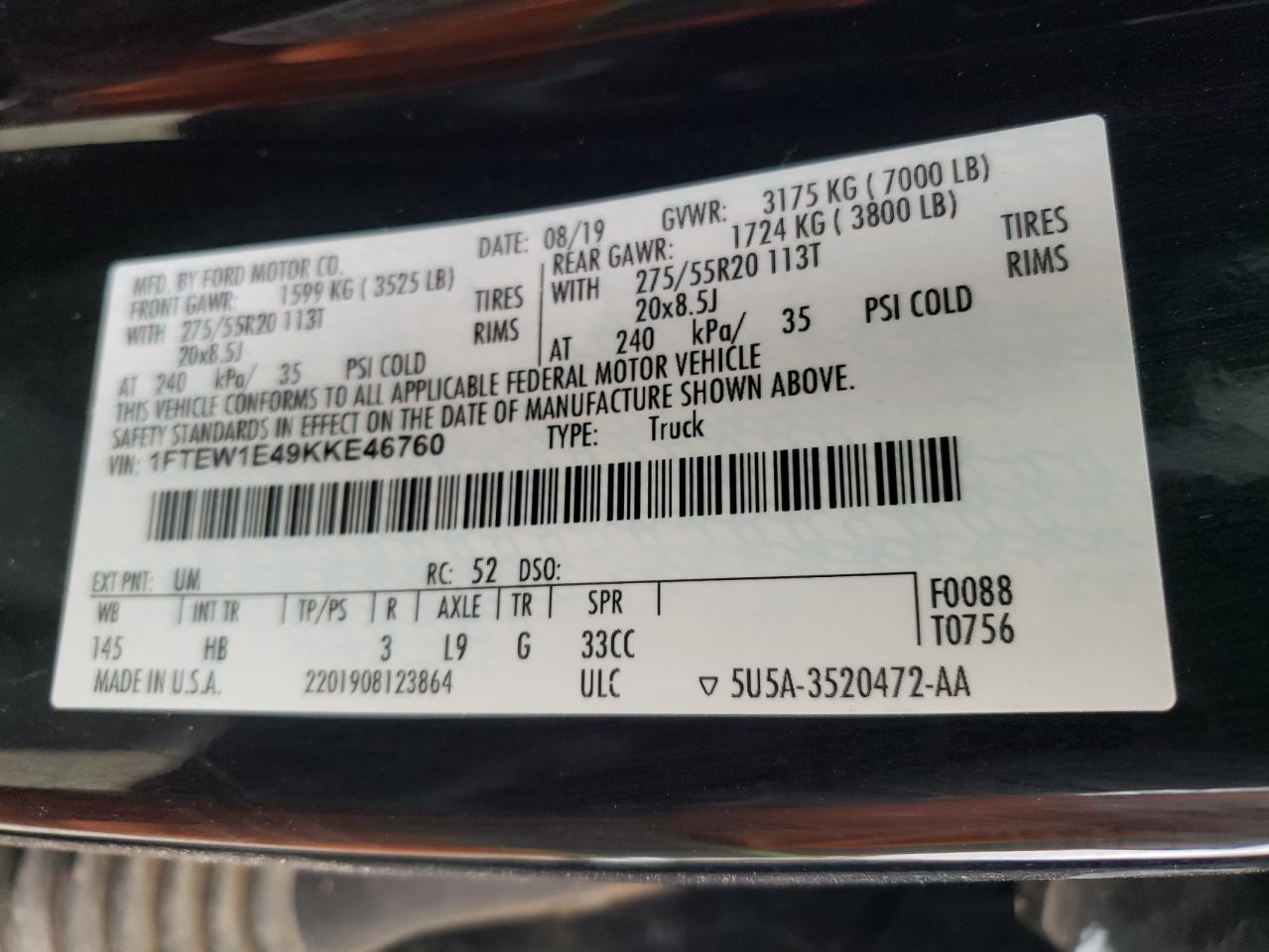 1FTEW1E49KKE46760 FORD F-150 2019