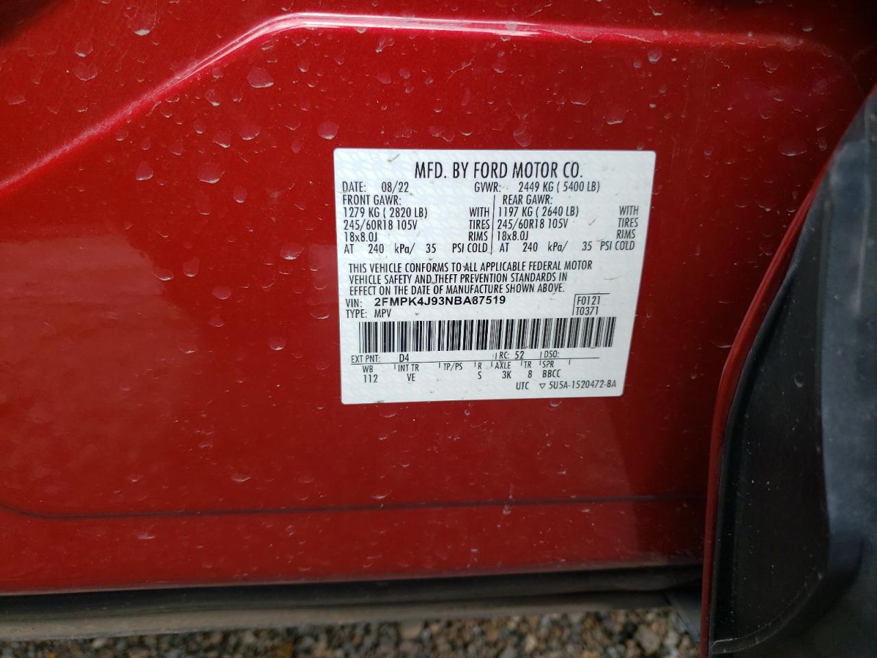 2FMPK4J93NBA87519 FORD EDGE 2022