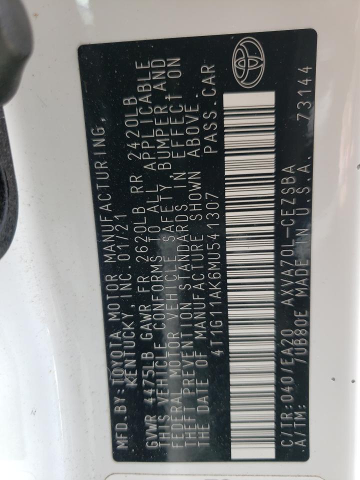 4T1G11AK6MU541307 TOYOTA CAMRY 2021