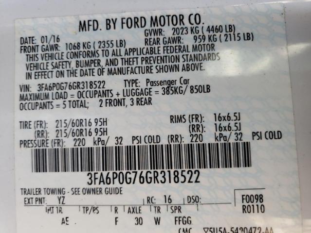 3FA6P0G76GR318522 | 2016 FORD FUSION S