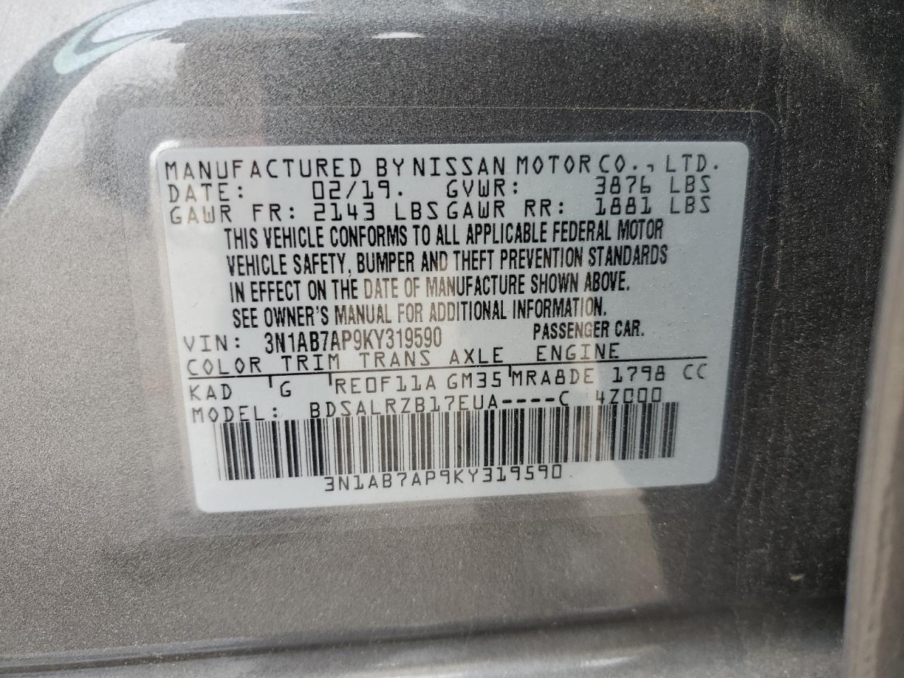 3N1AB7AP9KY319590 NISSAN SENTRA 2019