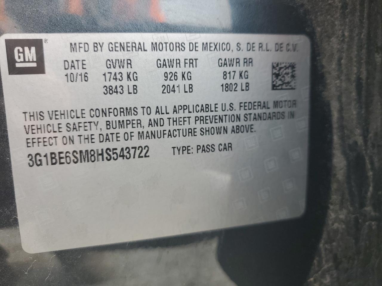 3G1BE6SM8HS543722 CHEVROLET CRUZE 2017