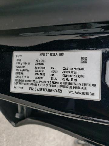 5YJ3E1EA4NF374321 Tesla MODEL 3