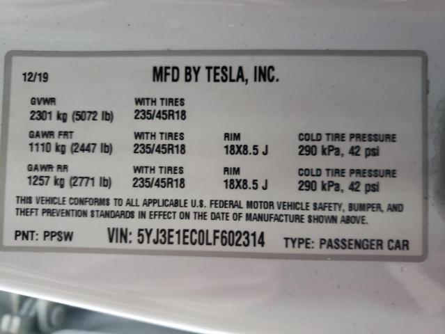 5YJ3E1EC0LF602314 Tesla MODEL 3