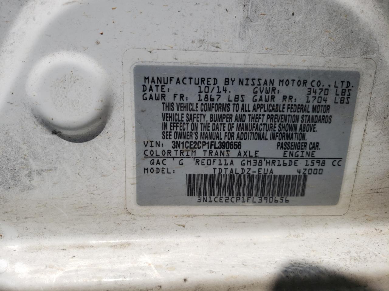 3N1CE2CP1FL390656 2015 Nissan Versa Note S