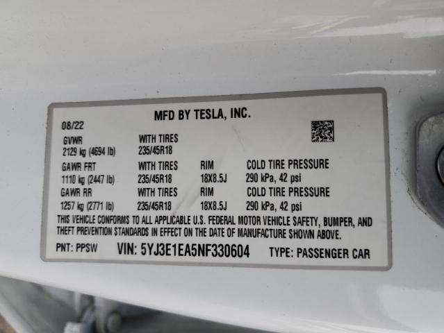 5YJ3E1EA5NF330604 Tesla MODEL 3