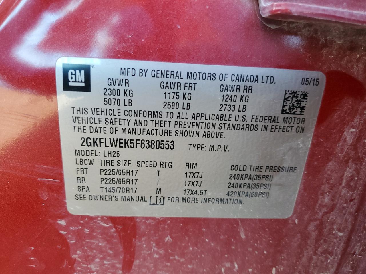 2GKFLWEK5F6380553 2015 GMC Terrain Sle