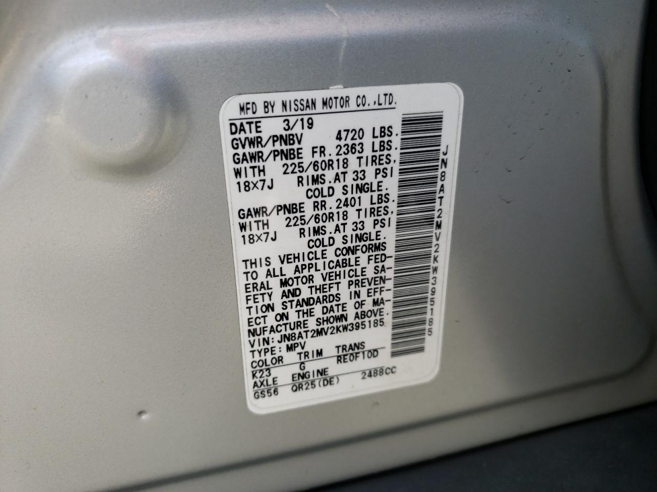 JN8AT2MV2KW395185 NISSAN ROGUE 2019