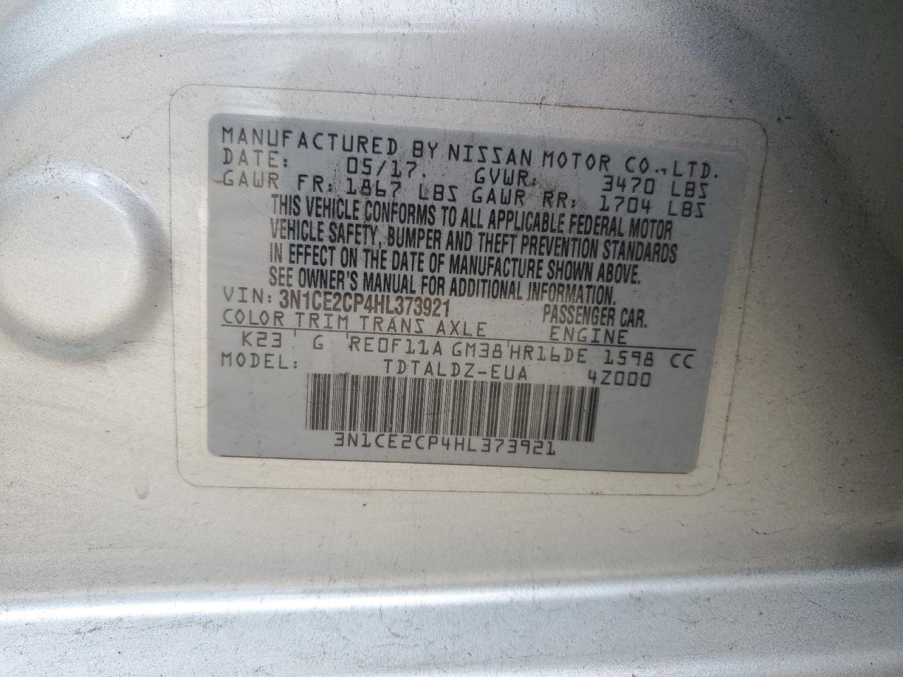 3N1CE2CP4HL373921 NISSAN VERSA 2017