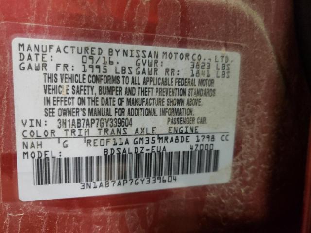 2016 Nissan Sentra S VIN: 3N1AB7AP7GY339604 Lot: 52545933