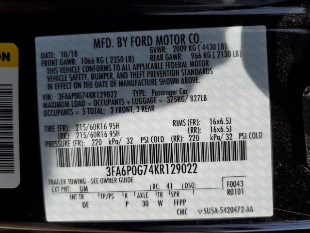 3FA6P0G74KR129022 2019 FORD FUSION, photo no. 12