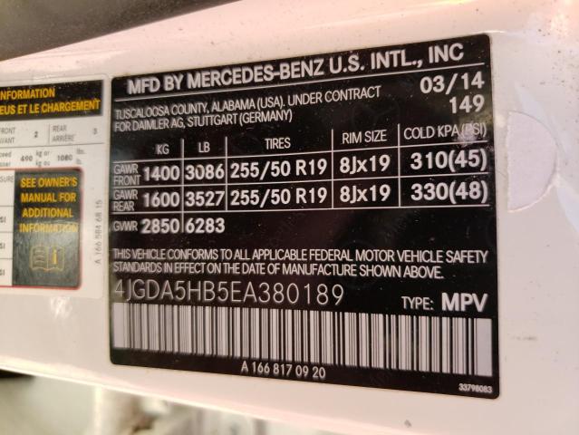 VIN 4JGDA5HB5EA380189 2014 Mercedes-Benz ML-Class, ... no.14