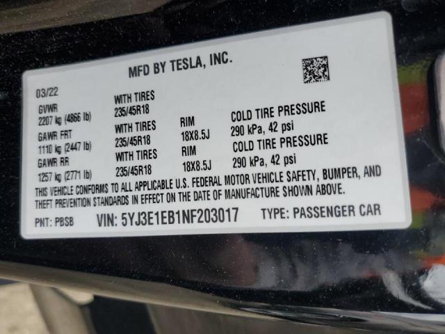 5YJ3E1EB1NF203017 Tesla MODEL 3