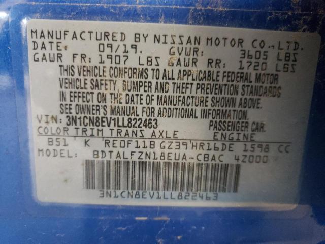 3N1CN8EV1LL822463 Nissan VERSA SV