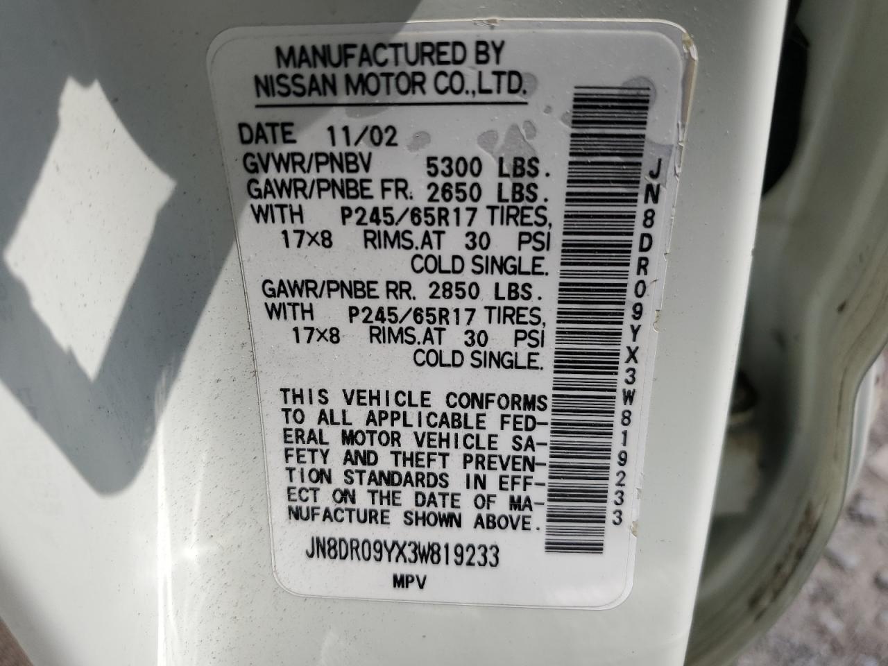 JN8DR09YX3W819233 2003 Nissan Pathfinder Le